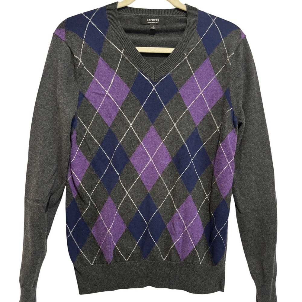 Express‎ Mens Argyle V Neck Sweater Cotton Merino Wool Gray Purple Sz S business